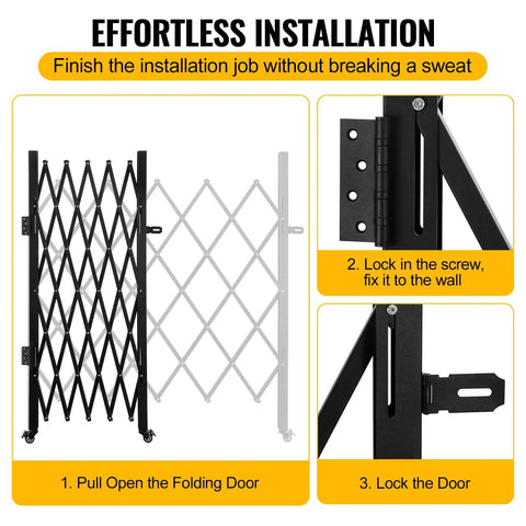Heavy Duty Steel Frame Folding Security Gate With Smooth Ride Casters And Locks Solid Scissor Shield installation steps instructions.