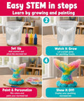 Mermaid Crystal Growing Kit For Kids 6 To 8, STEM Craft Toy That Grows Sparkling Crystals On A Mermaid Tail, Totally Screen-Free, Hands-On Science And Art Project For Young Scientists. Steps shown in a cup, paint, and finished rainbow tail.