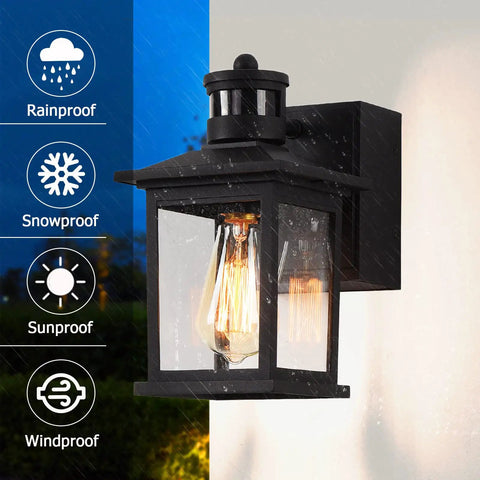 Motion Sensor Outdoor Porch Light With GFCI Outlet Built In Black Exterior Wall Lantern in rain, snow, and sun protection icons