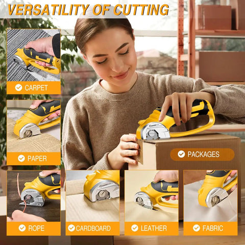 Slick Cordless Electric Scissors With Integrated Safety Shield And Quick Rechargeable 4V Battery cutting through cardboard.