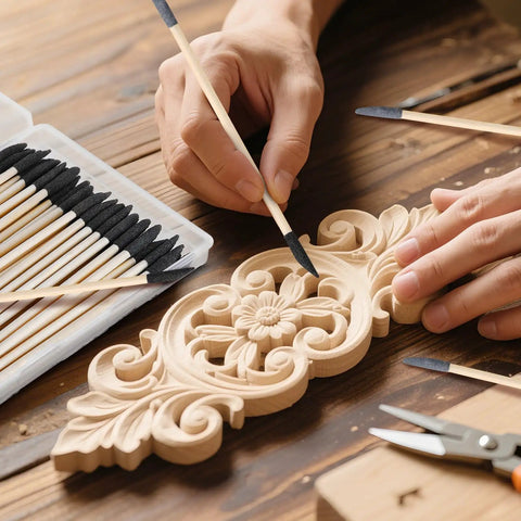 Double End Sanding Sticks Set With 120 And 280 Grits for fine detailing on wood craft, showing use on intricate floral design.