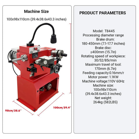 Brake Drum And Disc Lathe With Auto Feed And Led Light, Dual Spindles, display of machine dimensions and parameters