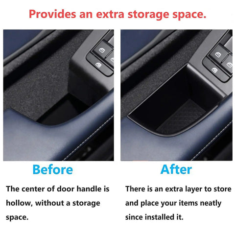 Before and after view of Door Handle Organizer Tray for Mazda 3 2019 to 2025 and CX 30 2020 to 2025 Front Row Interior Storage Box.
