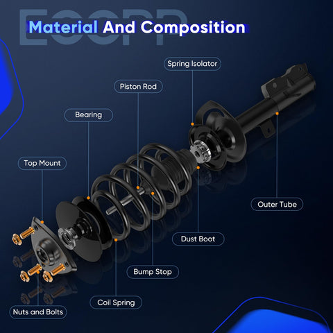 Diagram of Beefed Up Complete Front Strut Assembly With Shock Absorber For Toyota Corolla 2009-2013 & Matrix 2011-2013 components labeled