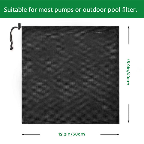 Two Pack Heavy Duty Pump Barrier Bags For Pond Filters 12.2 Inch By 15.9 Inch Black Premium Nylon Mesh Media Bags displayed.