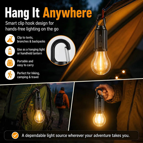4 Pack Solar Camping Lanterns Portable LED USB Rechargeable Emergency Lights for tents and hiking in dark outdoor setting.
