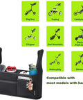 Durable Neoprene Golf Cart Organizer Bag with Front Pocket, shown with compatibility for various push cart models.