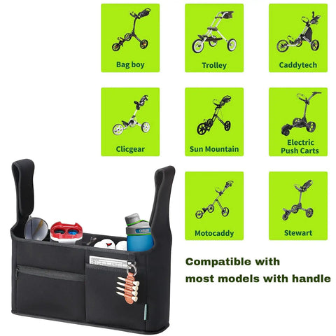 Durable Neoprene Golf Cart Organizer Bag with Front Pocket, shown with compatibility for various push cart models.