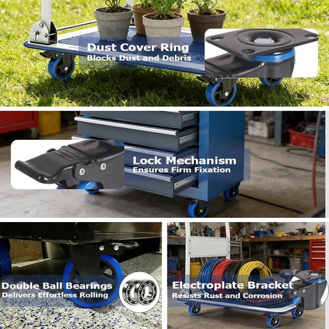 4 Inch Heavy Duty Caster Wheels Set Of Four With Dual Locking Brakes and Polyurethane Foam Treads for Smooth Rolling with Lock Mechanism  and Electrolate Bracket