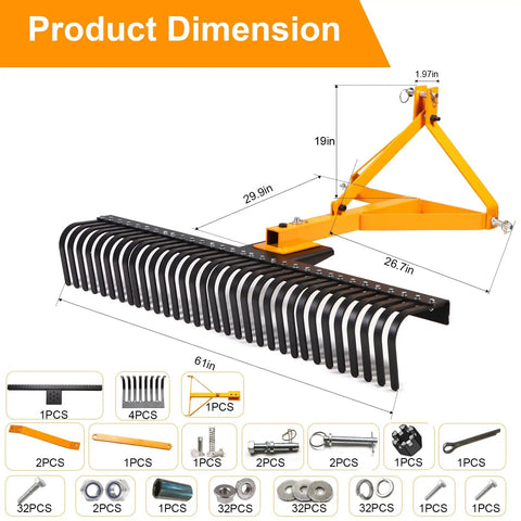 61 Inch Tow Behind Rock Rake For Lawn Tractor with dimensions, steel tines, 3 point hitch, shown with parts for assembly