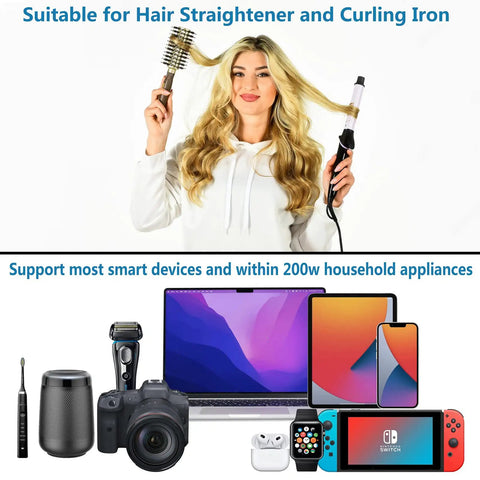 Global 220V To 110V Travel Converter With 18W USB Port used with hair straightener, curling iron, laptop, camera, and gadgets