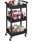 Three Tier Rolling Cart With Lockable Casters And Covered Top Board Great For Kitchen Office Bathroom Garden Or Laundry Room Mobile Storage Trolley That Keeps Your Stuff Easy To Access On The Go, black cart with cosmetics and food items