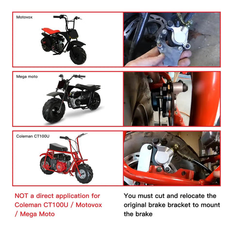 Next Gen Mini Bike Hydraulic Brake Kit For 97cc And 98cc Mini Bikes Fits Baja Doodle Bug DB30 Blitz Racer Dirt Bug Predator 79cc 2.8hp Minibike Parts With Master Cylinder Caliper Pads Assembly shown installed on mini bike.