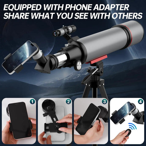 All In One Dope High Powered 90mm Aperture Refractor Telescope with phone adapter, tripod, and wireless remote in use.