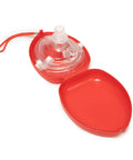 Pack of 5 Single Valve CPR Rescue Masks in Red Hard Case for Adult and Child, Pocket Resuscitator open showing mask and valve