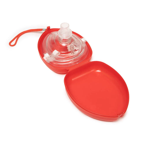 Pack of 5 Single Valve CPR Rescue Masks in Red Hard Case for Adult and Child, Pocket Resuscitator open showing mask and valve