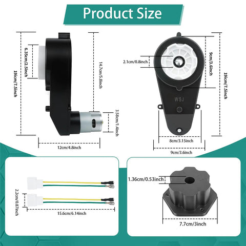 Detailed size diagram of 24V RS555 High Speed Gearbox Motor Upgrade for Kids Ride On Cars with connectors and housing