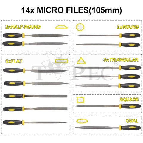 14 micro files set 105mm with 2 half-round, 2 round, 5 flat, 3 triangular files in 26 Piece Metal File Set With T12 Forged Alloy Steel.