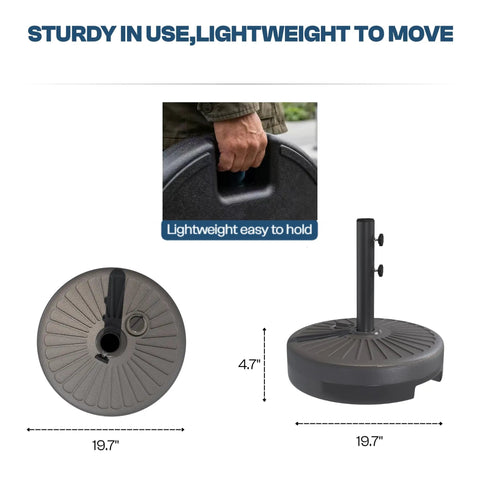 Heavy Duty Water Filled Umbrella Base Stand, 81.5 Lb Max Capacity, Dual Knob Locking System With Dimensions Displayed