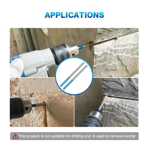 Diamond Tuck Point Bit For Mortar Removal With Round Shank, 7.2mm Diameter, 74mm Length, #40/45 Shank in use on stone surfaces