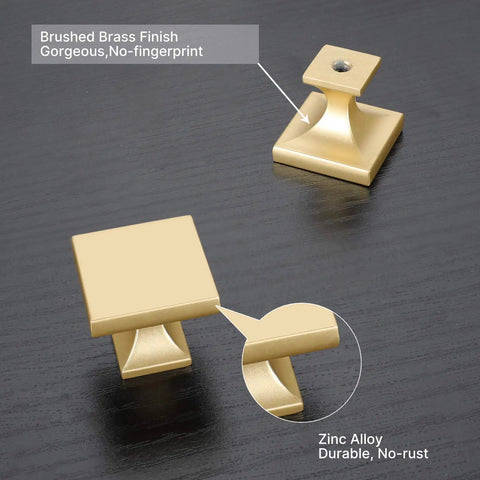 Gold Cabinet Knobs, Brushed Brass Square Dresser Hardware, 10 Pack Zinc Alloy Drawer Knobs For Kitchen Cabinets, close-up on two