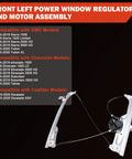 Front Left Power Window Regulator With Motor Assembly For 2014 To 2020 GM SUVs And Trucks Fits Escalade Silverado Suburban Tahoe Sierra Yukon And Yukon XL Driver Side Replacement 23118067 84621036, shown with compatibility list