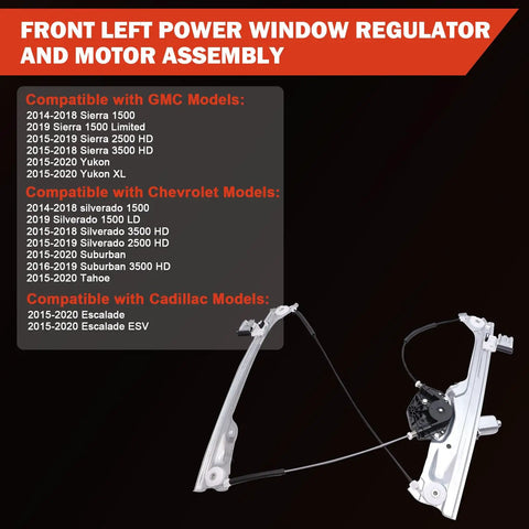 Front Left Power Window Regulator With Motor Assembly For 2014 To 2020 GM SUVs And Trucks Fits Escalade Silverado Suburban Tahoe Sierra Yukon And Yukon XL Driver Side Replacement 23118067 84621036, shown with compatibility list