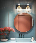 2 Crystal Vanity Light In Black And Gold Modern Over Mirror Wall Fixture With Crystal Shades in sleek bathroom setting