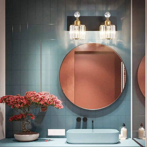 2 Crystal Vanity Light In Black And Gold Modern Over Mirror Wall Fixture With Crystal Shades in sleek bathroom setting