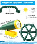 4 Piece Kids Outdoor Playset Accessories Featuring A Plastic Steering Wheel Telescoping Telescope And Safety Handles For Garden Backyard Treehouse And Playhouse Fun In Green Set 1, showing size dimensions.
