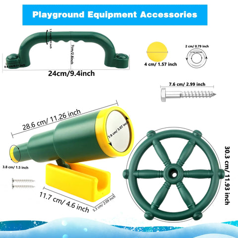 4 Piece Kids Outdoor Playset Accessories Featuring A Plastic Steering Wheel Telescoping Telescope And Safety Handles For Garden Backyard Treehouse And Playhouse Fun In Green Set 1, showing size dimensions.