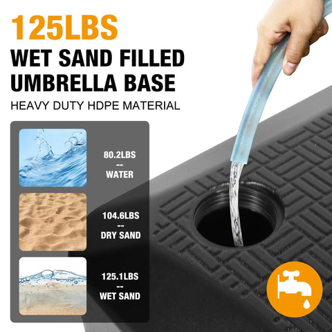 Heavy Duty 125Lb Fillable Umbrella Base With Wheels Outdoor Patio Stand in black with water being poured into fill hole