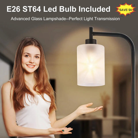 Gold Floor Lamp Tall Standing Light With Clear Glass Shade For Living Room And Bedroom displayed next to model in a room