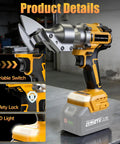 No Cord Sheet Metal Cutter For 20V Max Batteries With Brushless Motor Rotatable Head shown with safety lock and LED light