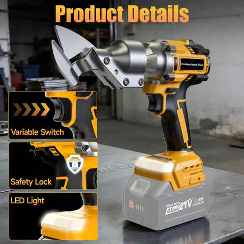 No Cord Sheet Metal Cutter For 20V Max Batteries With Brushless Motor Rotatable Head shown with safety lock and LED light
