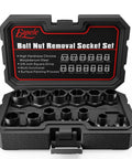 Boss 13-Piece Bolt Extractor Set For Stripped Nuts And Bolts, 3/8-Inch Square Drive, open storage case showing extractors