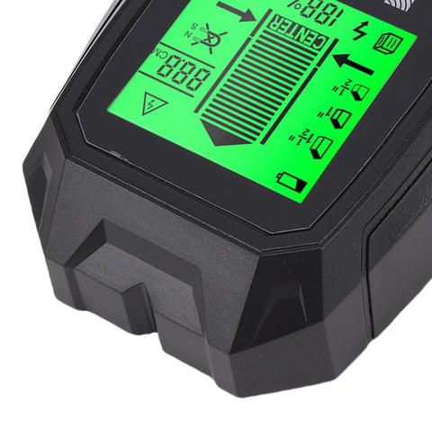 Close-up of YDuupxe Wall Scanner 5 in 1 Wood Metal Wire Detection Tool with a bright green display showing detection settings.
