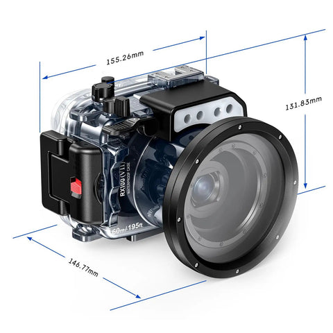 Underwater Camera Housing For Sony RX100 VII With IPX8 40m Depth, showing dimensions, clear port, durable design.