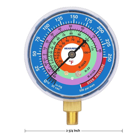 Refrigeration Pressure Gauge Kit With Dual Blue Dial And Red Dial, 2 3/4 Inch Dial, 1/8 Inch NPT Lower Mount, -30InHg To 0-250 PSI And 0-800 PSI Range, For R404A R22 R410A Servicing, For Easy Field Or Shop Use. Blue dial gauge with brass lower mount and 2-3/4 inch face.