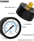 Well Pump Pressure Gauge 0 To 15 Psi, 1 Quarter In NPT, 2 In Dial, Center Back Mount, components labeled, for water oil air pumps.
