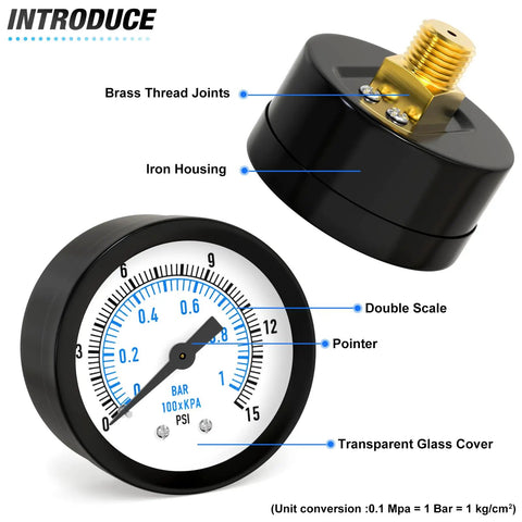 Well Pump Pressure Gauge 0 To 15 Psi, 1 Quarter In NPT, 2 In Dial, Center Back Mount, components labeled, for water oil air pumps.