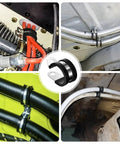Image of 80 Piece Cable Clamp Kit With 7 Sizes In 304 Stainless Steel Metal Clamps Rubber Insulated Cushioned Hose And Pipe Clamps For 1 Quarter Inch To 1 Inch Cables Perfect For DIY Auto And Home Wiring Cable Management showing clamps on various cables and pipes.