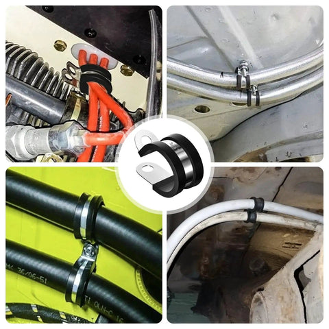 Image of 80 Piece Cable Clamp Kit With 7 Sizes In 304 Stainless Steel Metal Clamps Rubber Insulated Cushioned Hose And Pipe Clamps For 1 Quarter Inch To 1 Inch Cables Perfect For DIY Auto And Home Wiring Cable Management showing clamps on various cables and pipes.