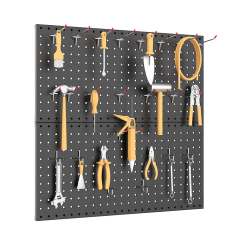 Heavy Duty Metal Pegboard Panels For Wall Garage Gear Storage And Organization Durable Steel Pegboard For Garage Workbench Modular Tool Organizer Board Pack Of 2 In Black, installed with tools.
