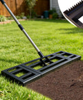 Heavy Duty Lawn Leveling Rake With Adjustable Long Handle Dual Sided Tines With Serrated Side For Soil Gravel Sand Dirt Gardens Yard Landscaping Ergonomic Durable 30x10 Inch Ideal For Pathways And Lawn Repair Projects on grass