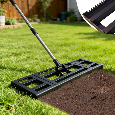 Heavy Duty Lawn Leveling Rake With Adjustable Long Handle Dual Sided Tines With Serrated Side For Soil Gravel Sand Dirt Gardens Yard Landscaping Ergonomic Durable 30x10 Inch Ideal For Pathways And Lawn Repair Projects on grass
