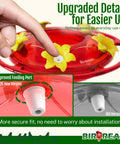 Close-up of Upgraded 2026 Hummingbird Feeders For Outdoors 15oz Plastic Hanging Ant Proof Bird Feeder Easy To Clean And Maintain Red 2 Pack Gift For Bird Lovers Gift Idea, showing improved feeding port.