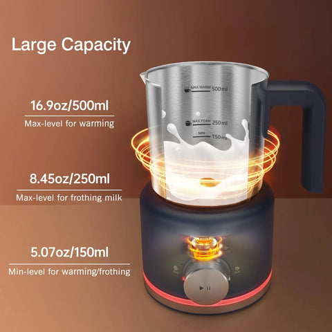 4 In 1 Electric Milk Frother And Steamer, 16.9 Oz Capacity, Dark Blue, showing measurement levels for frothing and warming milk