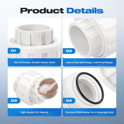 Two-Pack 1-1/2 Inch PVC Union Couplings Slip Joint Adapters Socket To Socket With Built-In EPDM O-Ring For Schedule 40 Plumbing details