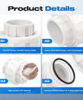 Four Pack Three Quarter Inch PVC Union Pipe Fittings Slip Joint Adapters with EPDM O Ring and Schedule 40 details